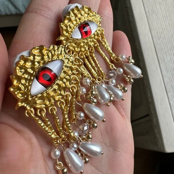 Red Evil Eye Protection Pearl Dangle Earrings - Picture 3 of 8